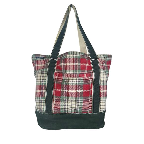 Lands’ End Plaid Canvas Tote Bag Red Green White Holiday Carryall - Picture 1 of 14